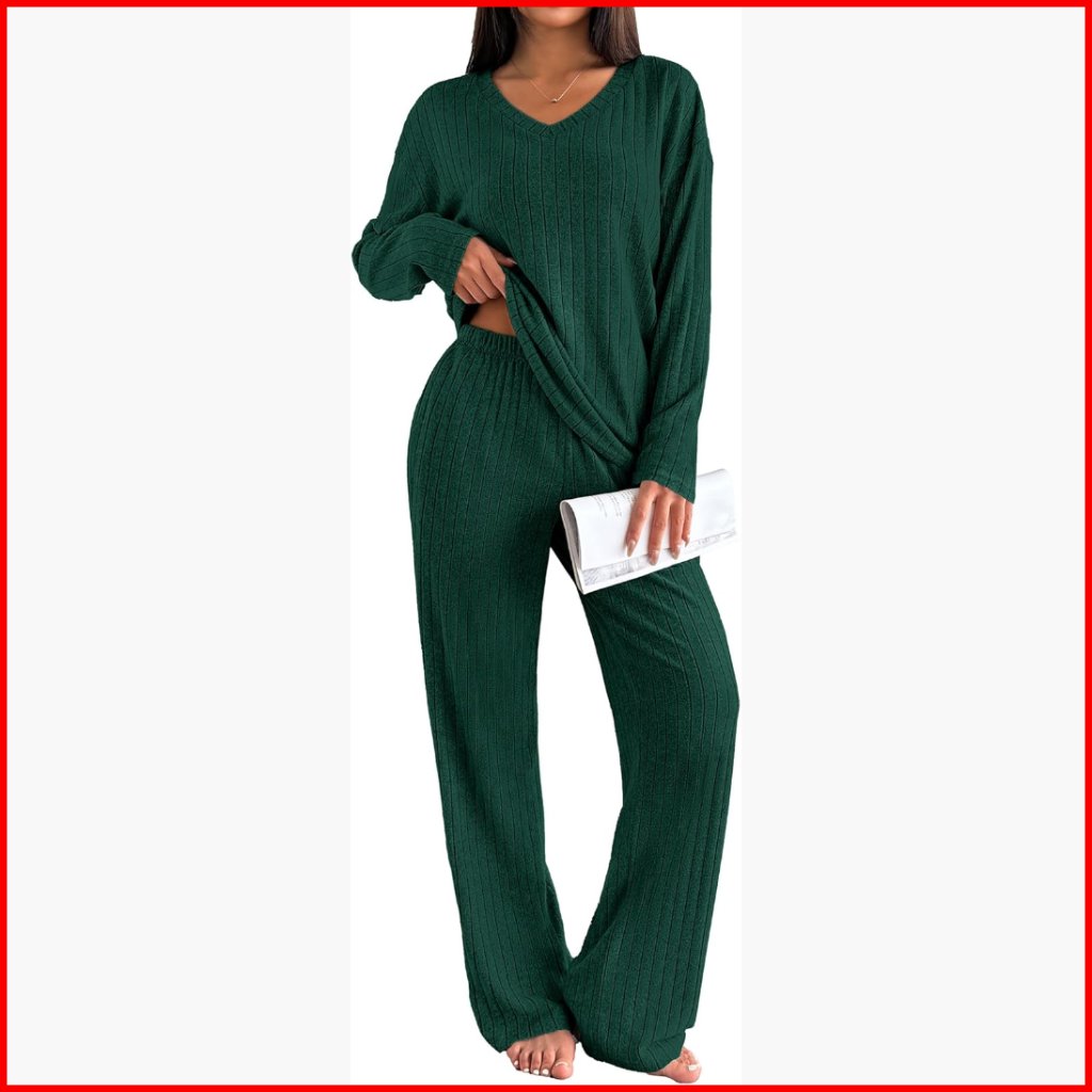 Long Sleeve Ribbed Pajama Set With Pockets, 2-Piece Loungewear